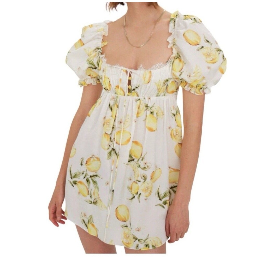 For Love and Lemons Serafina Citrus Print Open Back Mini Dress Size Small